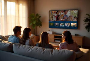 Living room TV screen showing Tapestry secure slideshow