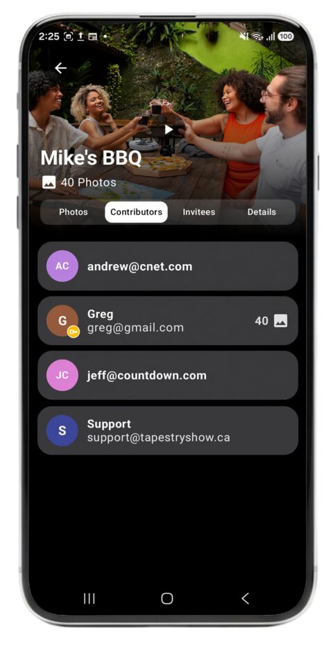 Tapestry app displaying contributors invited to a show on Android