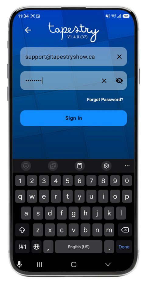 Tapestry app showing login on Android