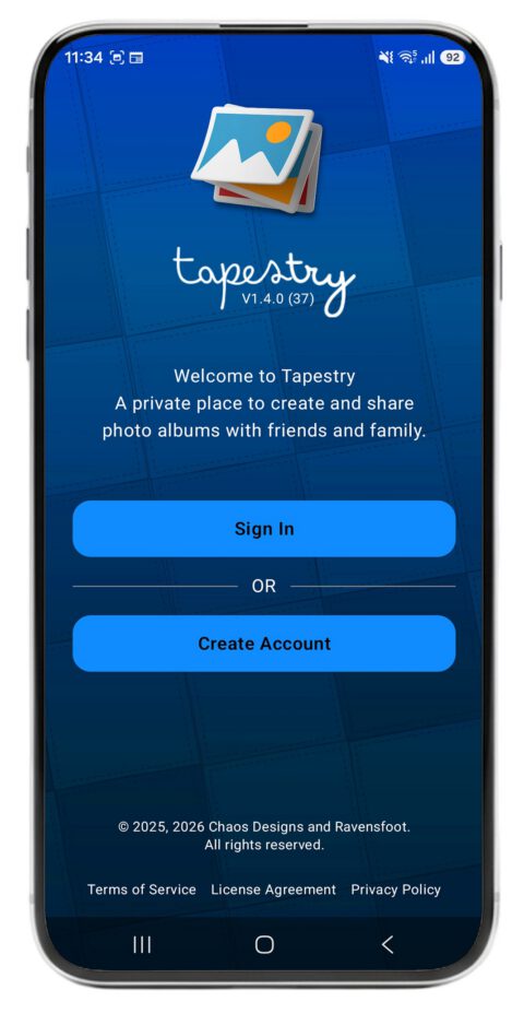 Tapestry app showing welcome screen on Android