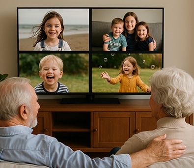 Grand parents watching a Tapestry Show of shared photos on Apple TV with the Apple TV App