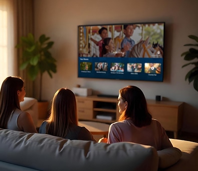 Family watching a Tapestry Show of shared photos on Apple TV with the Apple TV App